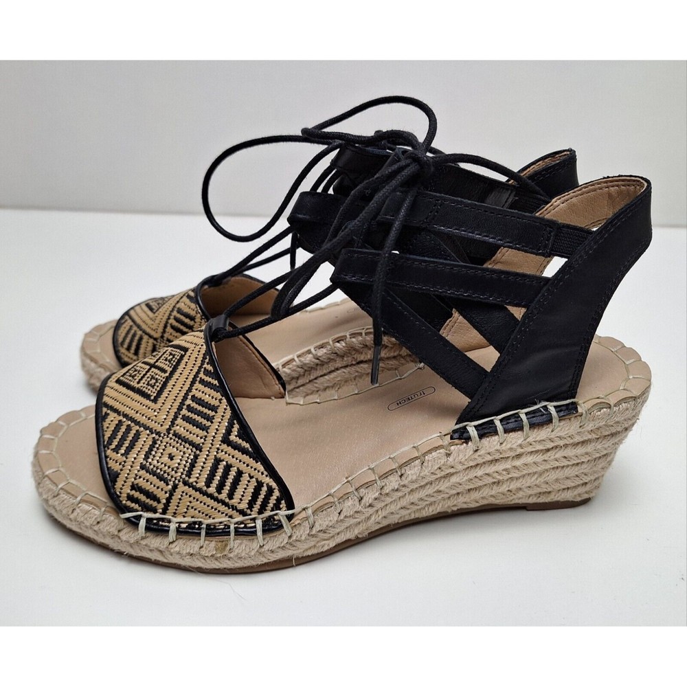 Rockport Strappy Ankle Tie Tapestry Faux Leather Wedge Espadrilles Size 7.5 NEW